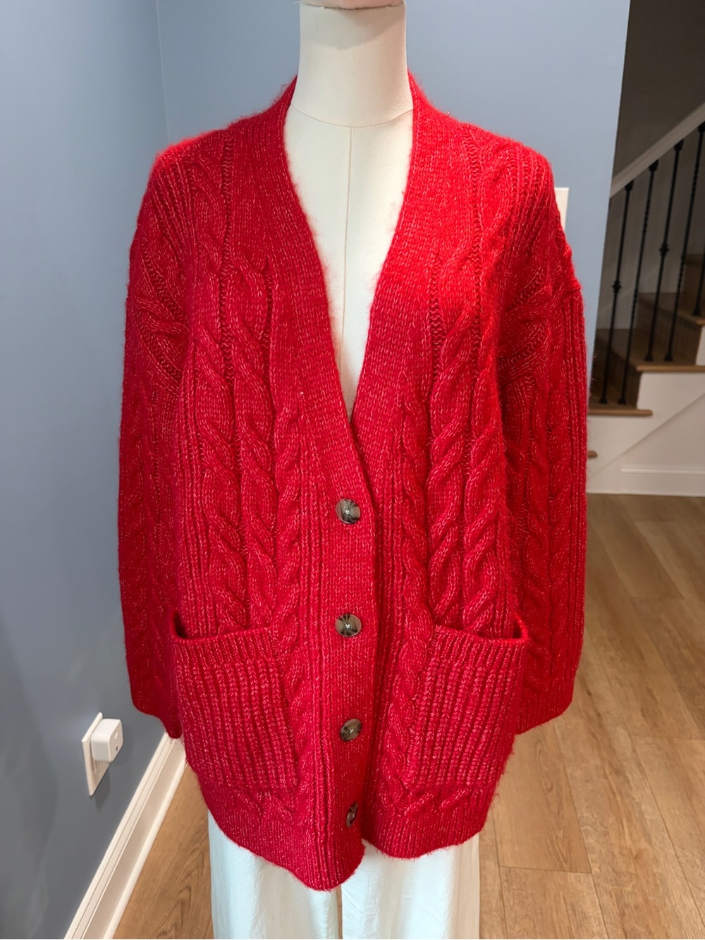 LOFT Red Cable Knit Oversized Button Front Cardigan Sweater Medium